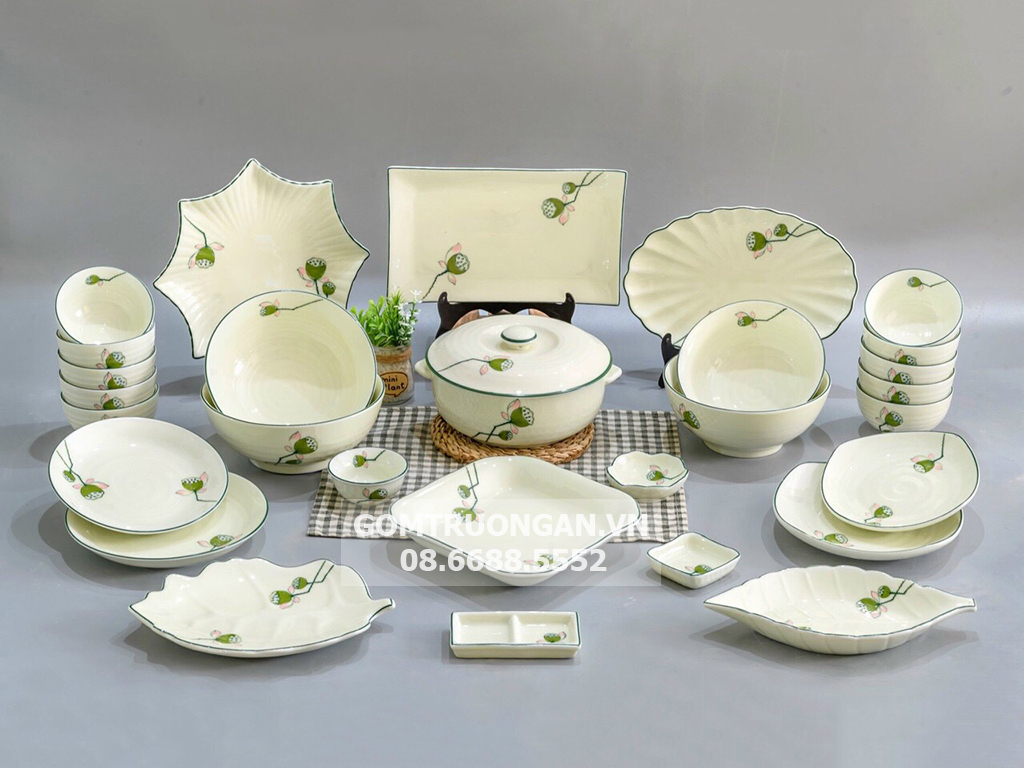 Bộ bát đĩa Bát Tràng vẽ nhụy sen BDNS66 1